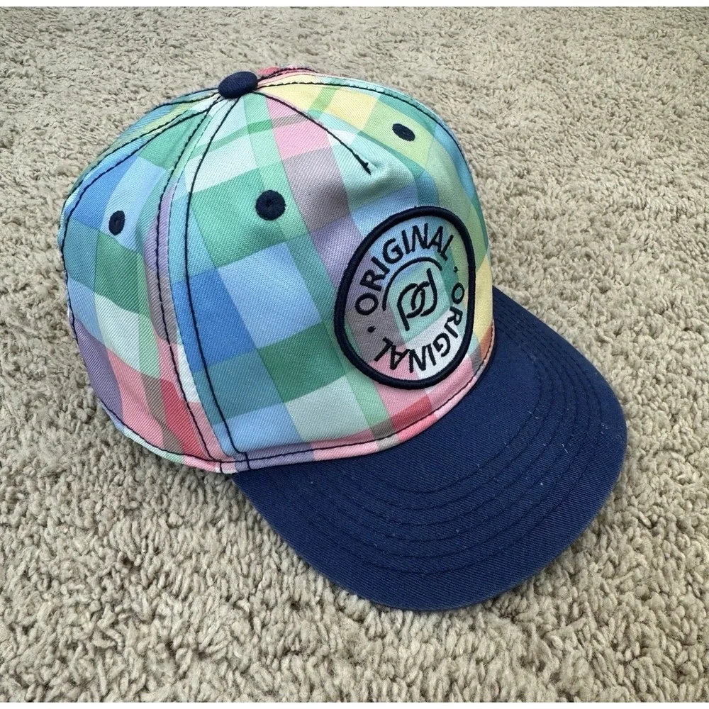 HM Kids Rainbow‎ Plaid Snapback Hat Navy Blue Flat Brim Adjustable Cap 4-8Y